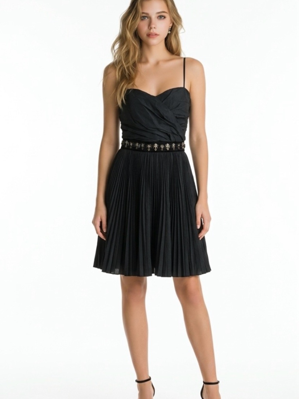 Dolce & Gabbana Black Pleated Spaghetti-Strap Dress with Embellished Waist